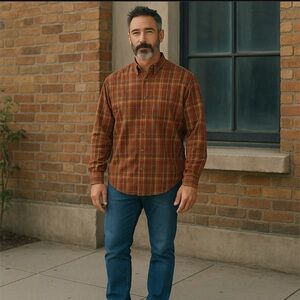 Columbia Men’s Med Flannel Shirt Red Orange Plaid Button Down Long Sleeve Grunge